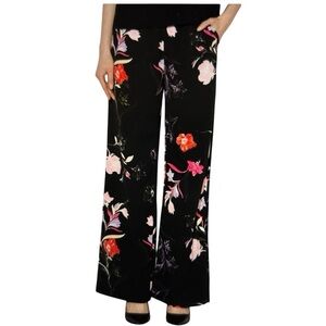 b. young Helge Floral Wide Leg Elastic Waist Trousers Pockets Medium Black NWT